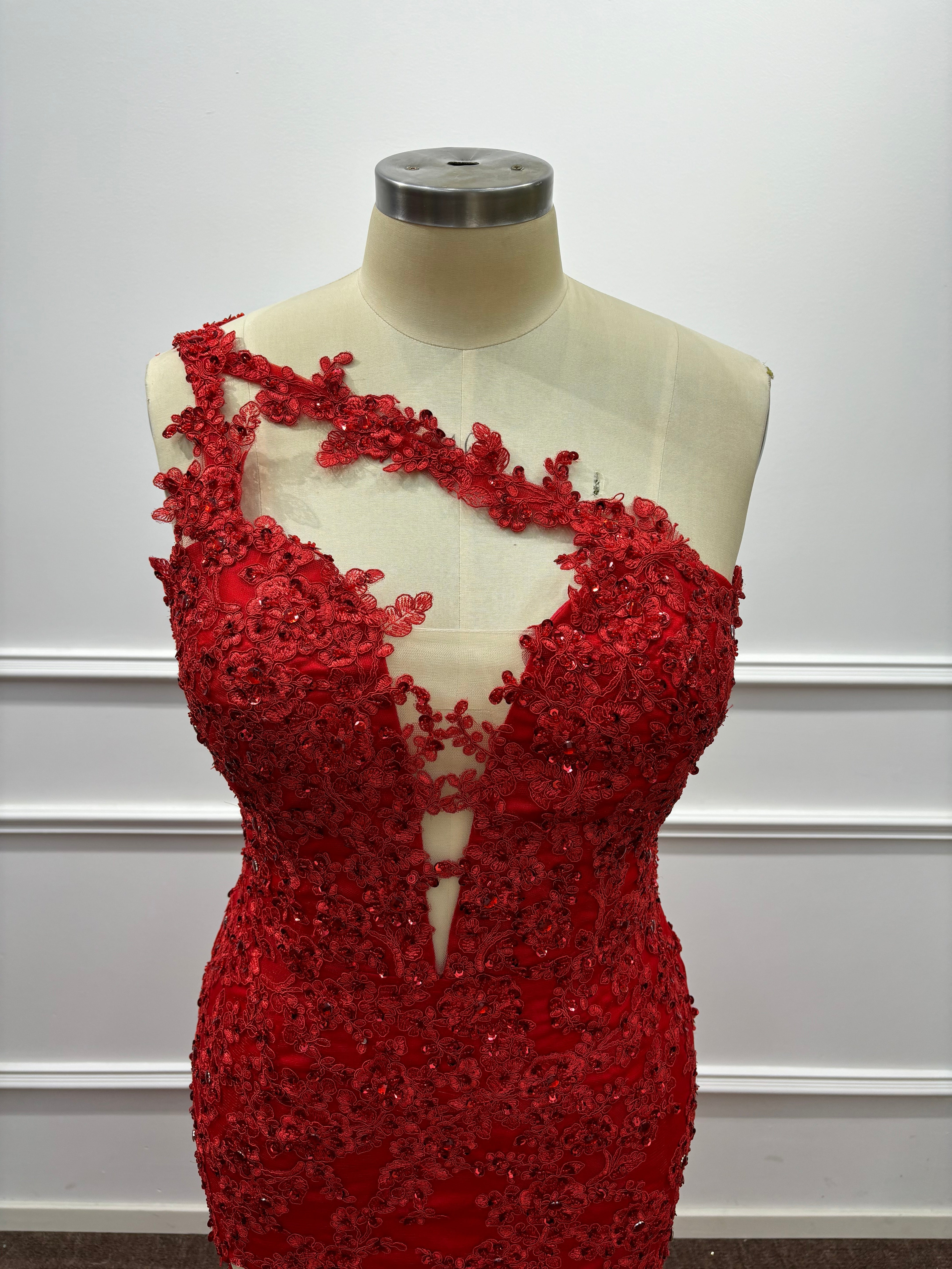 Long One Shoulder Mermaid Lace Red Evening Formal Dresses with Slit