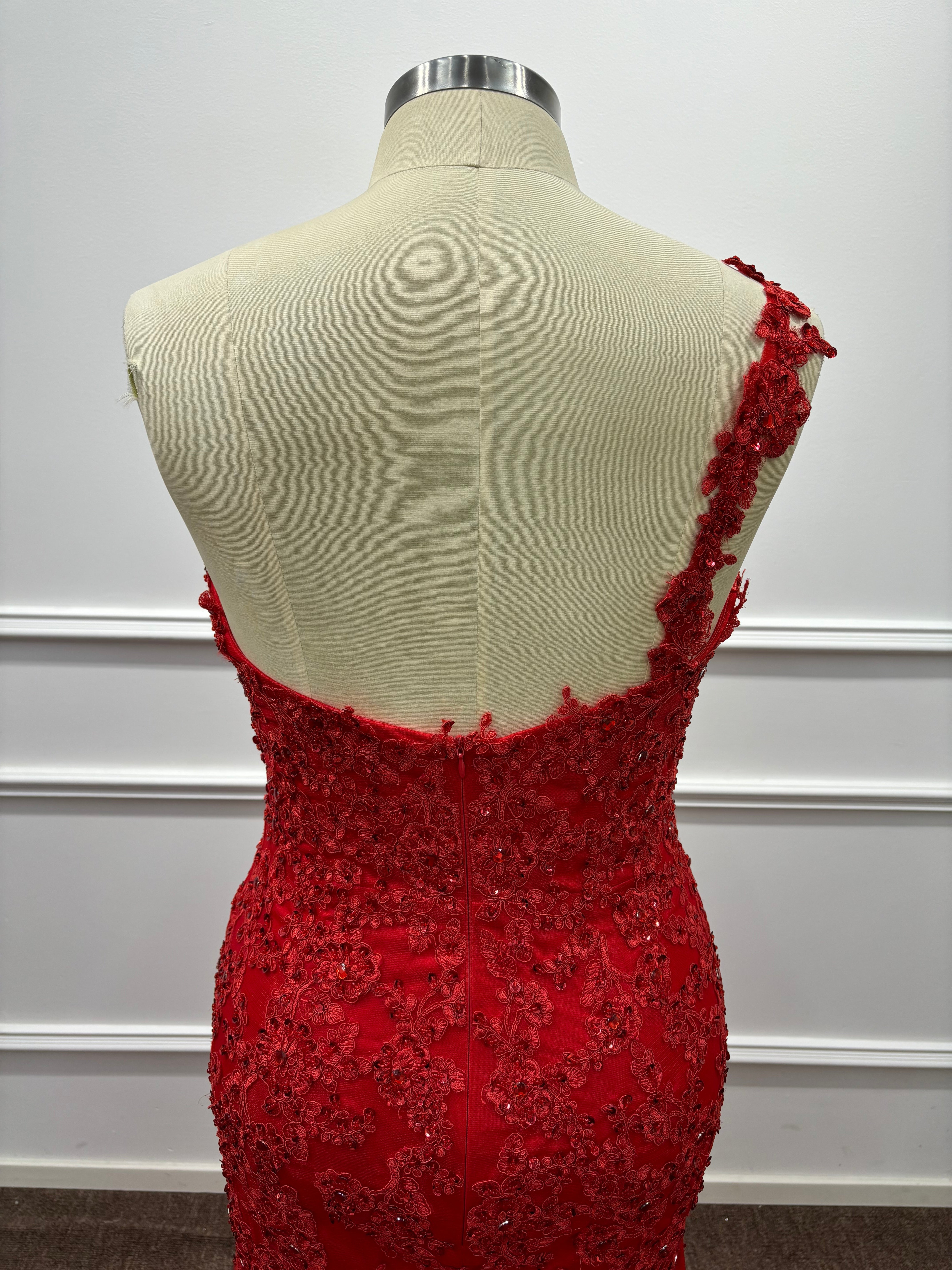 Long One Shoulder Mermaid Lace Red Evening Formal Dresses with Slit