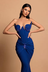 Chic Royal Blue Strapless Mermaid Long Prom Dress with Beading