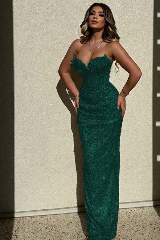 Chic Strapless High Waist Long Prom Dress with Sequins Beading