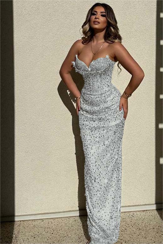 Chic Strapless High Waist Long Prom Dress with Sequins Beading