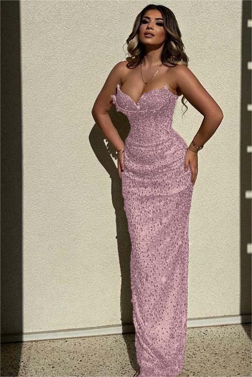 Chic Strapless High Waist Long Prom Dress with Sequins Beading