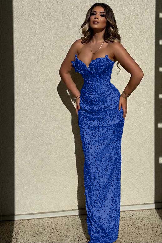 Chic Strapless High Waist Long Prom Dress with Sequins Beading