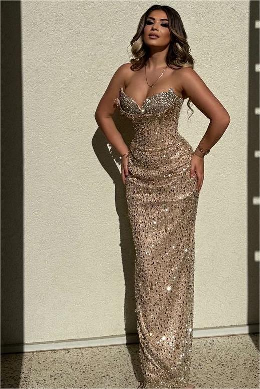 Chic Strapless High Waist Long Prom Dress with Sequins Beading