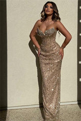 Chic Strapless High Waist Long Prom Dress with Sequins Beading