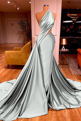 Chic One Shoulder Mermaid Long Prom Dress with Beading Ruffles
