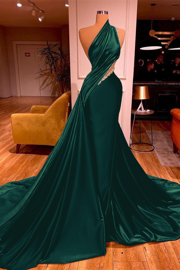Chic One Shoulder Mermaid Long Prom Dress with Beading Ruffles