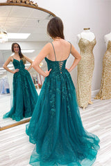 Chic Spaghetti Strap A-Line Tulle Long Prom Dress with Appliques