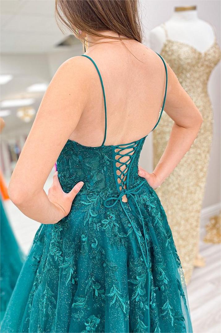 Chic Spaghetti Strap A-Line Tulle Long Prom Dress with Appliques