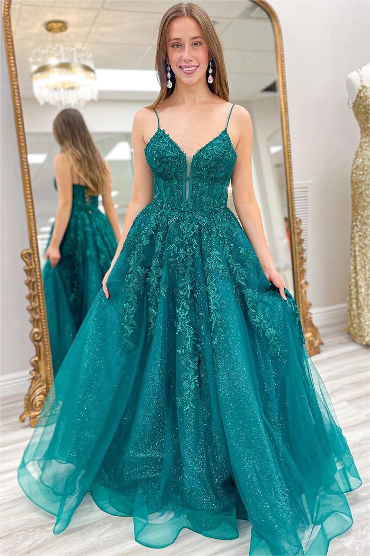 Chic Spaghetti Strap A-Line Tulle Long Prom Dress with Appliques