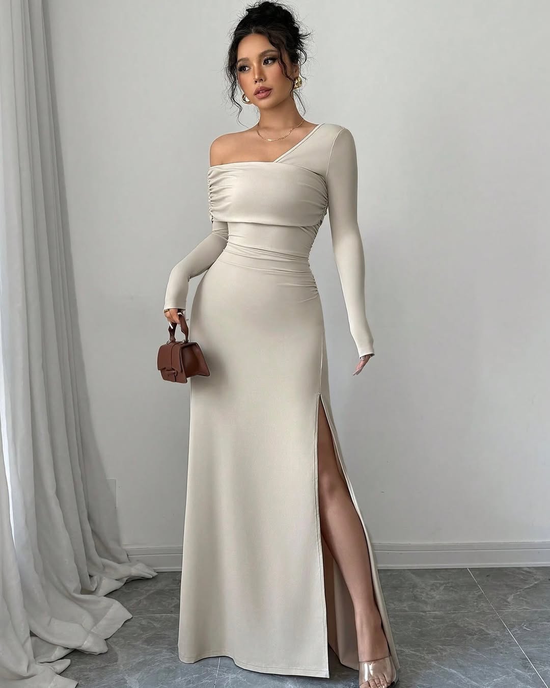 Chic One Shoulder Long Sleeve Prom Dress with Split