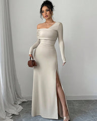 Chic One Shoulder Long Sleeve Prom Dress with Split