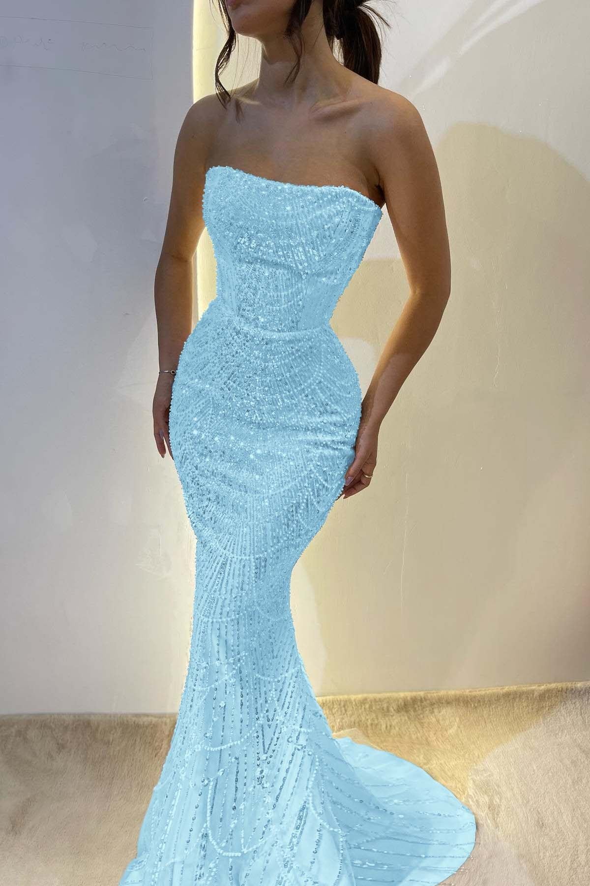 Chic Strapless Mermaid Long Prom Dress with Sequins