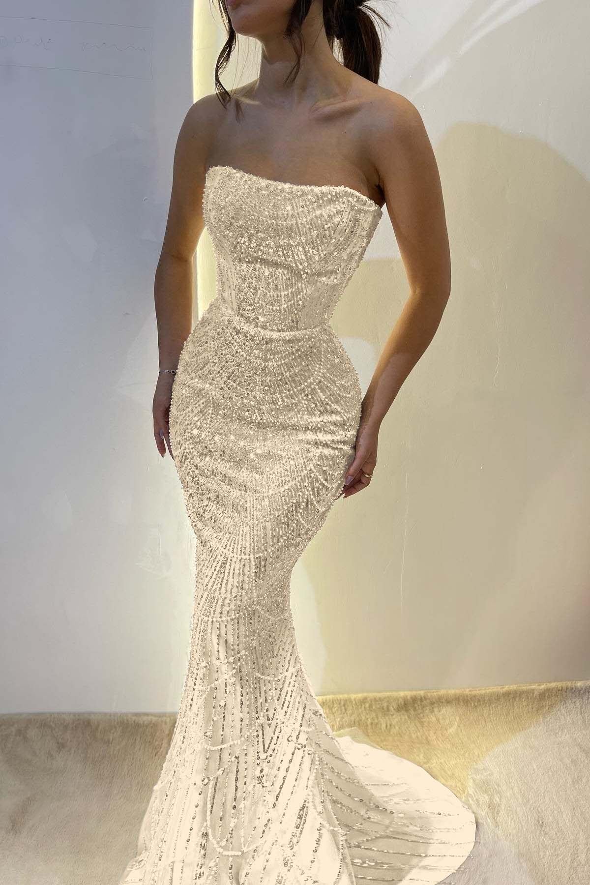 Chic Strapless Mermaid Long Prom Dress with Sequins