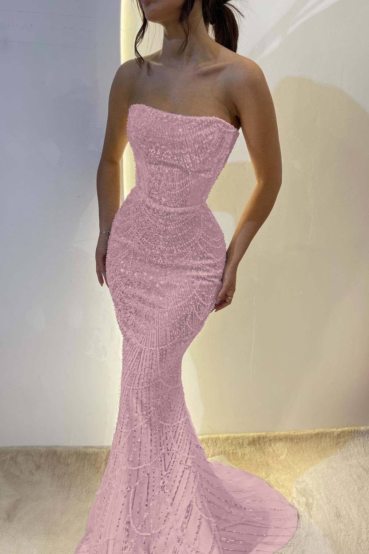 Chic Strapless Mermaid Long Prom Dress with Sequins