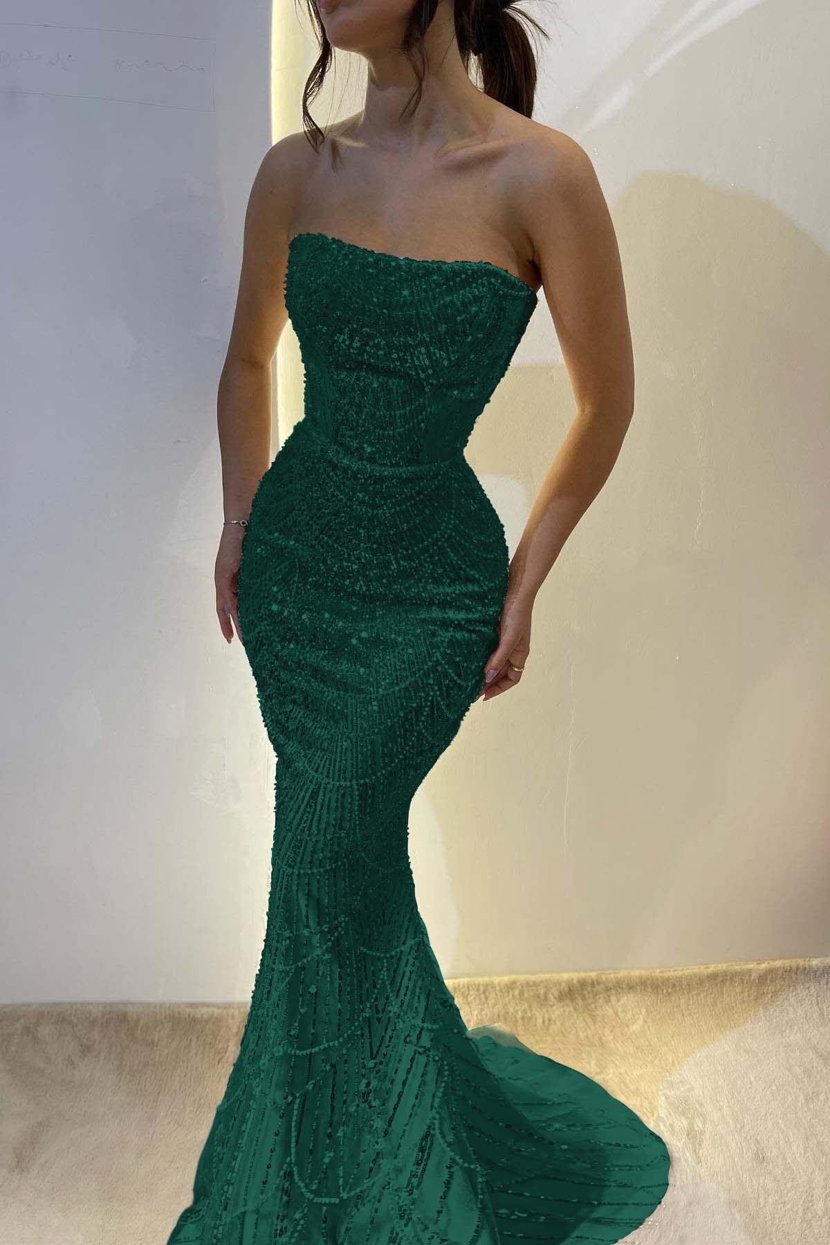 Chic Strapless Mermaid Long Prom Dress with Sequins