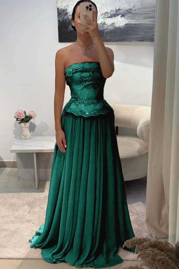 Chic Strapless Long Prom Dress with Beading Pleated