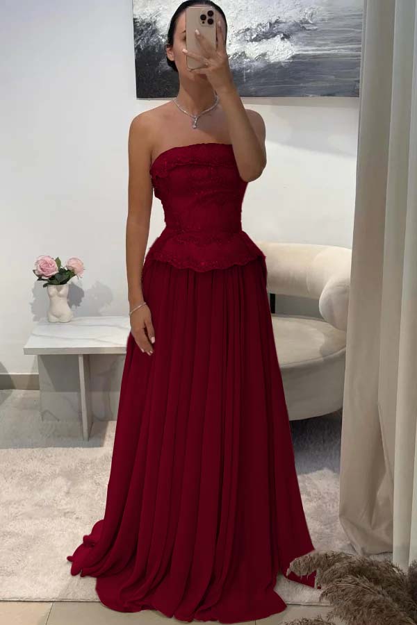 Chic Strapless Long Prom Dress with Beading Pleated