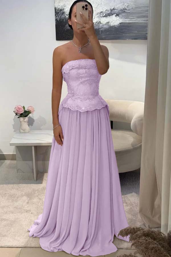 Chic Strapless Long Prom Dress with Beading Pleated