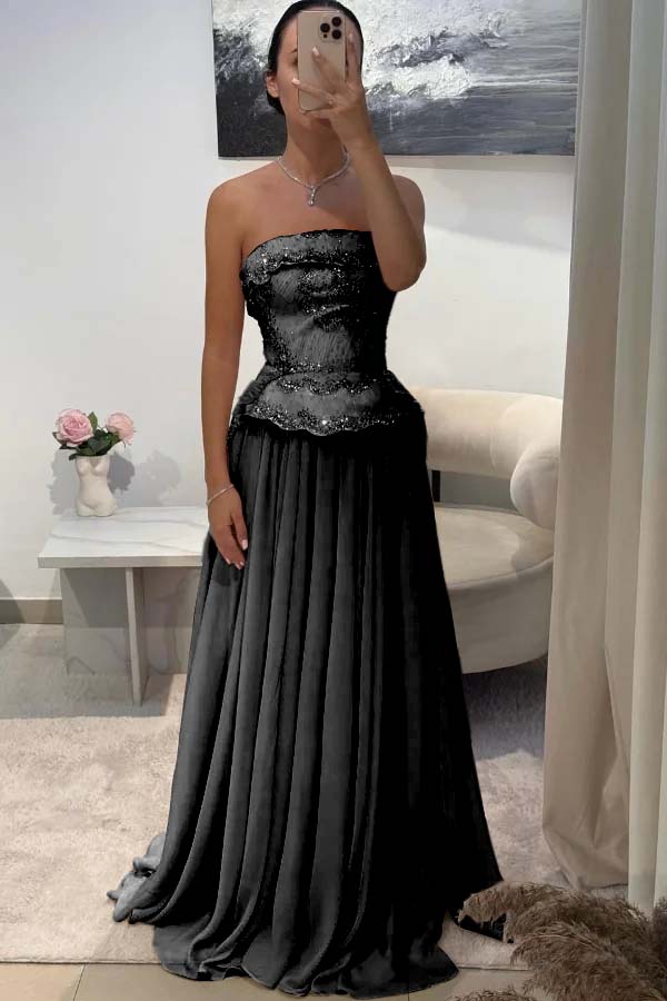 Chic Strapless Long Prom Dress with Beading Pleated