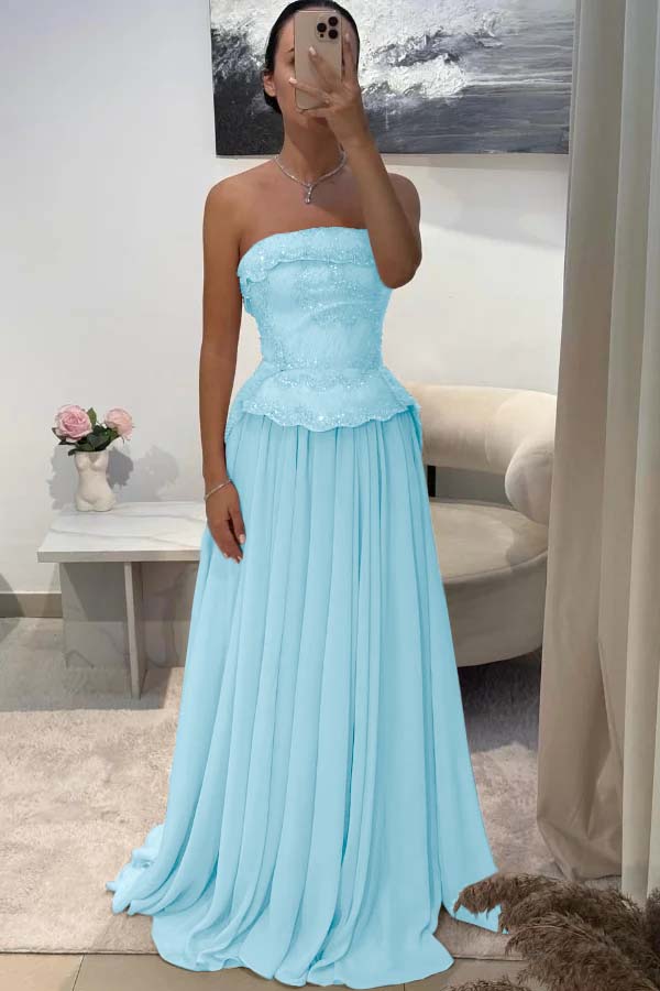 Chic Strapless Long Prom Dress with Beading Pleated