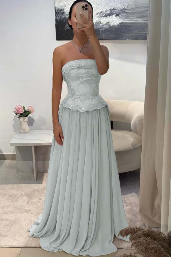 Chic Strapless Long Prom Dress with Beading Pleated