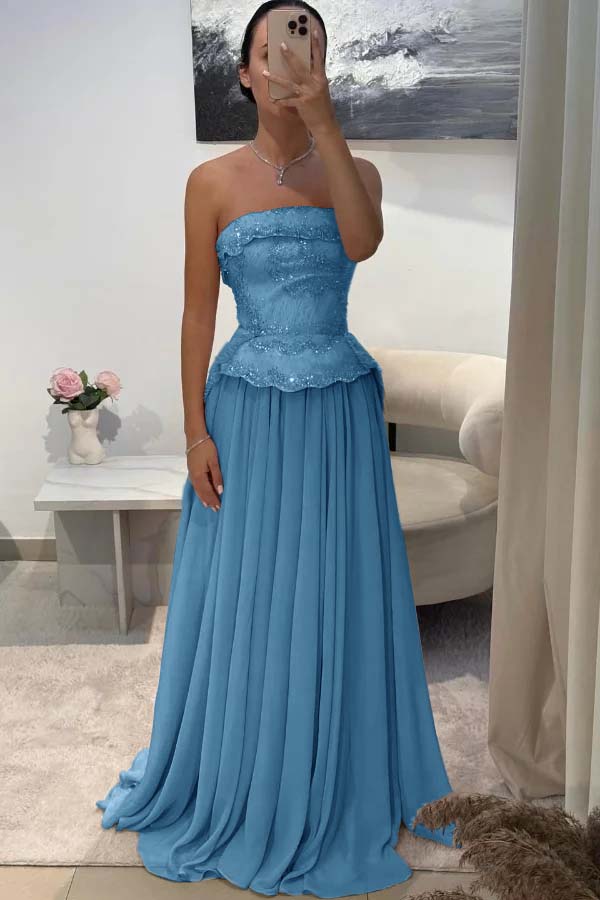 Chic Strapless Long Prom Dress with Beading Pleated