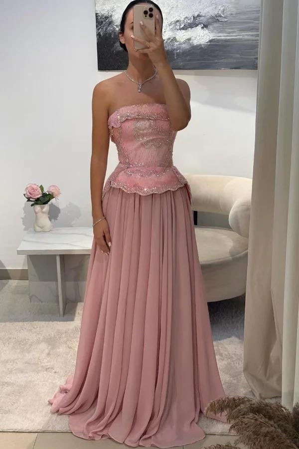 Chic Strapless Long Prom Dress with Beading Pleated