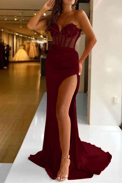 Chic Strapless Sweetheart Mermaid Pleated Prom Dress with Split and Sequins