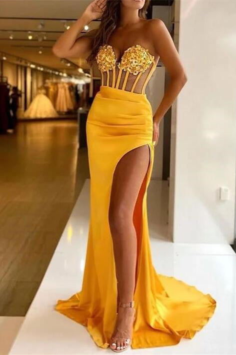 Chic Strapless Sweetheart Mermaid Pleated Prom Dress with Split and Sequins