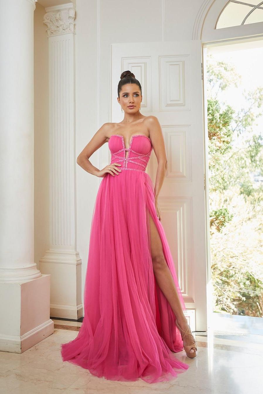 Chic Strapless Tulle Long Prom Dress with Sequins and Split
