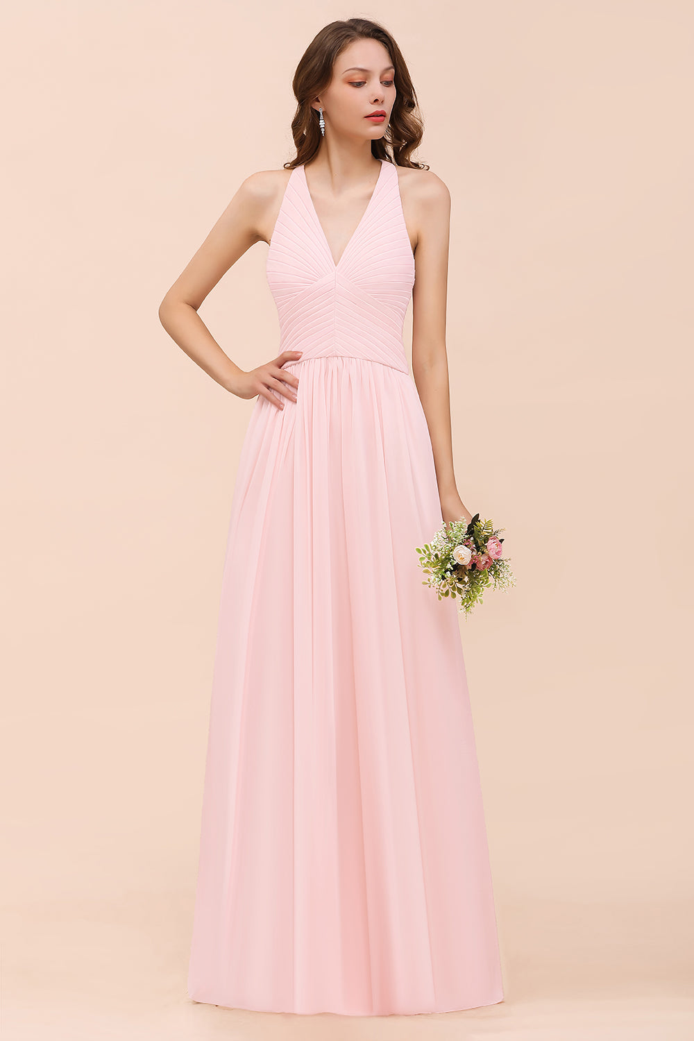 Chic V-Neck Blushing Pink Chiffon Affordable Bridesmaid Dress with Ruffle-Babyonlines