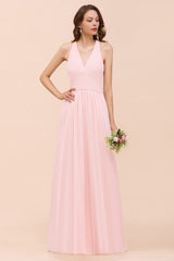 Chic V-Neck Blushing Pink Chiffon Affordable Bridesmaid Dress with Ruffle-Babyonlines