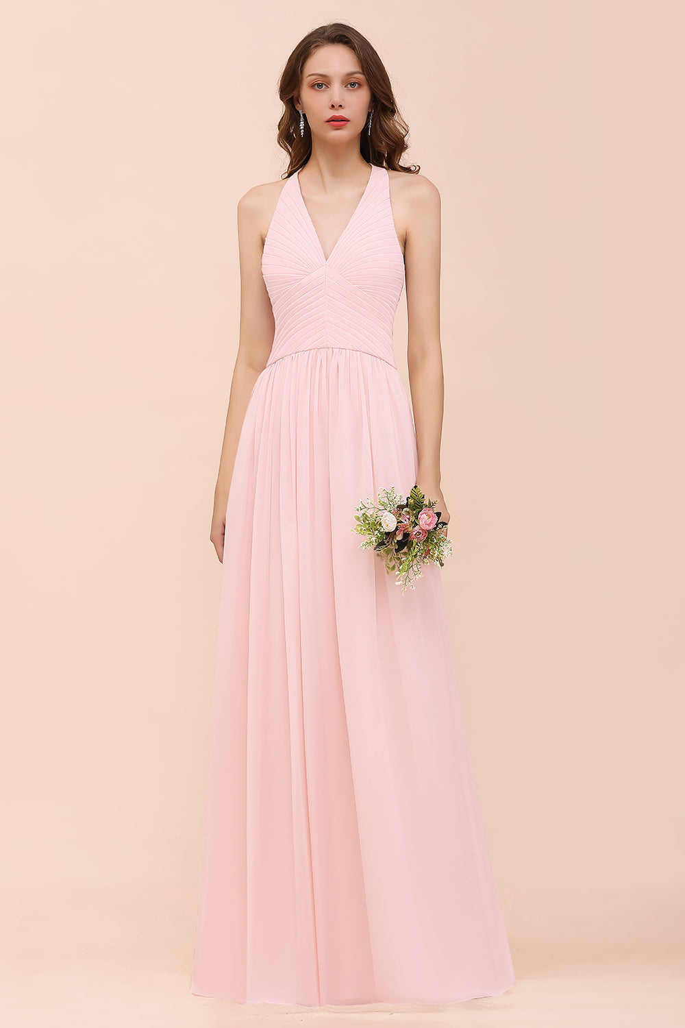 Chic V-Neck Blushing Pink Chiffon Affordable Bridesmaid Dress with Ruffle-Babyonlines