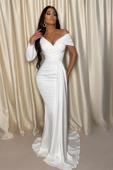 Chic White One Shoulder Off-the-Shoulder Evening Prom Dress with Pleats