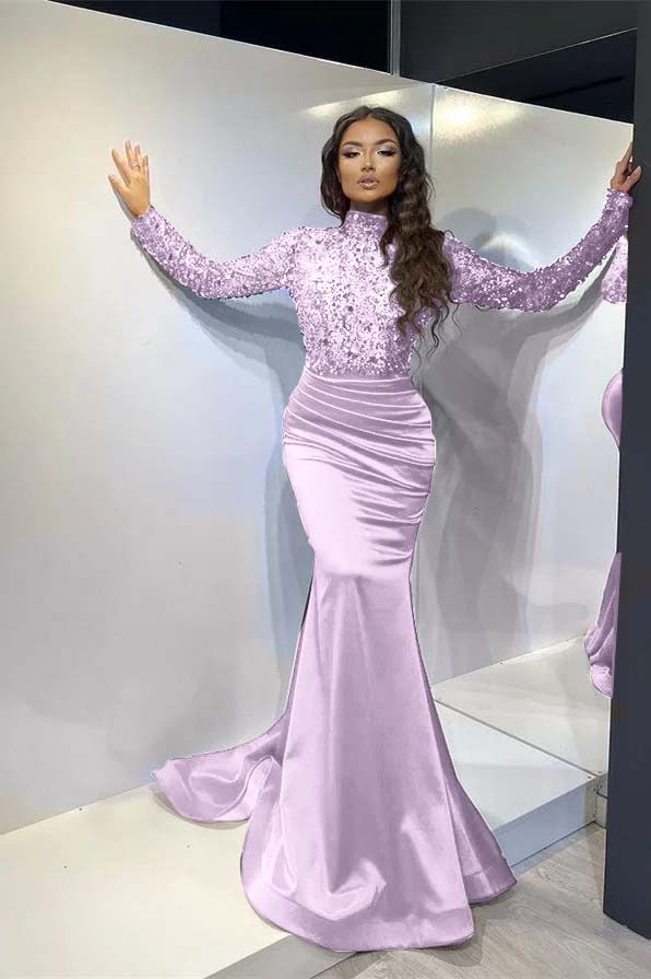Classic Red Long Sleeve Mermaid Long Prom Dress with Pleated
