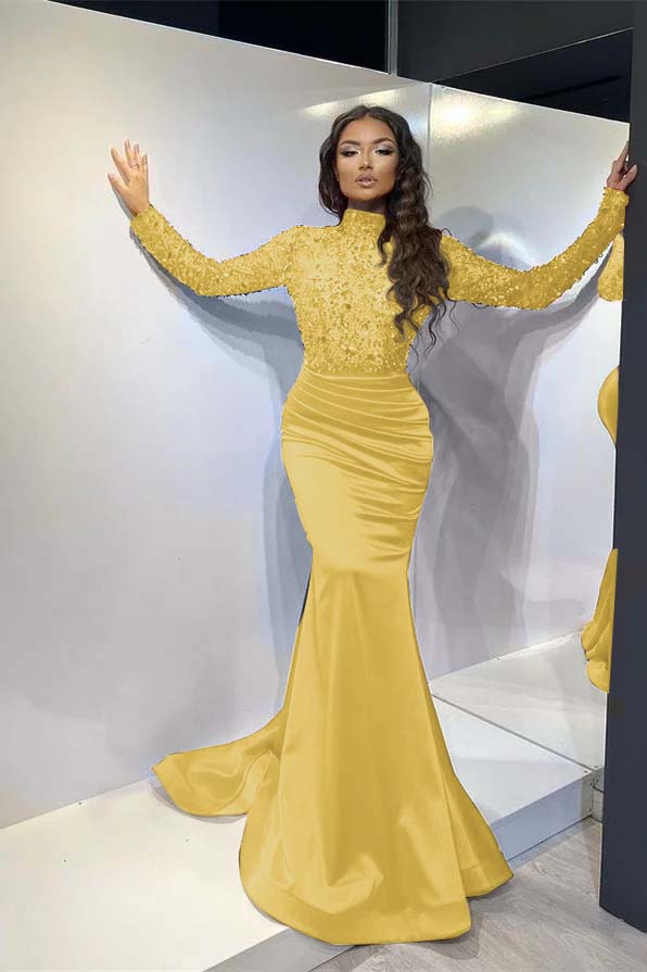 Classic Red Long Sleeve Mermaid Long Prom Dress with Pleated