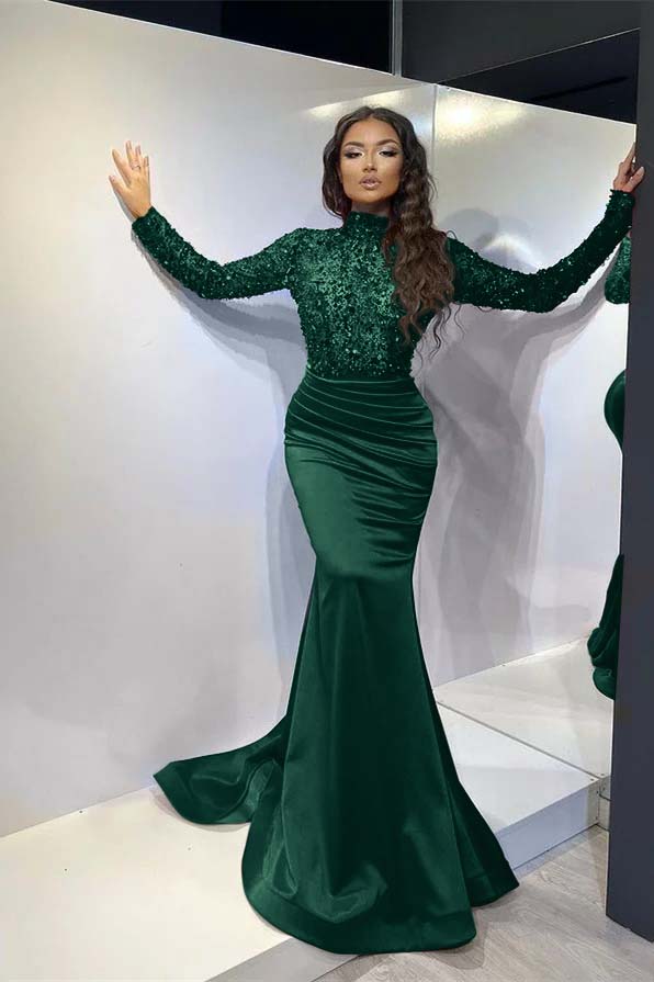 Classic Red Long Sleeve Mermaid Long Prom Dress with Pleated