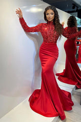 Classic Red Long Sleeves Pleated Mermaid Prom Dress