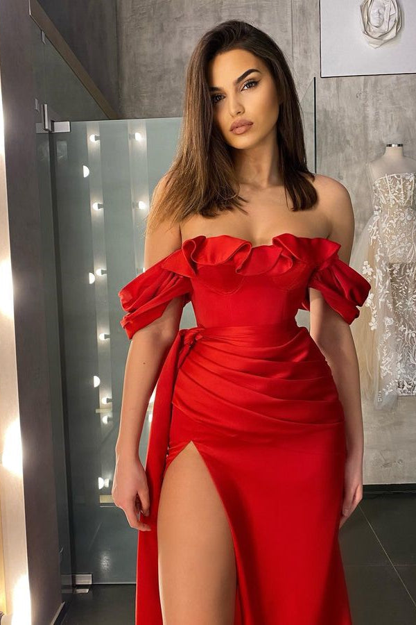 Classic Red Off-The-Shoulder Prom Dress with Ruffles and Slit