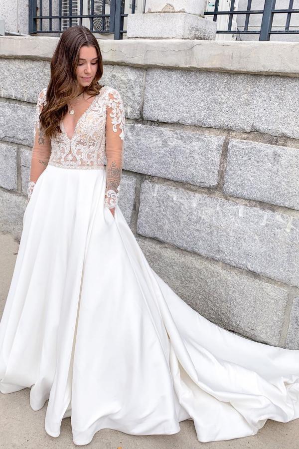 Classy A-Line Satin Deep V-neck Wedding Dress Floor-length With Appliques Lace Open Back