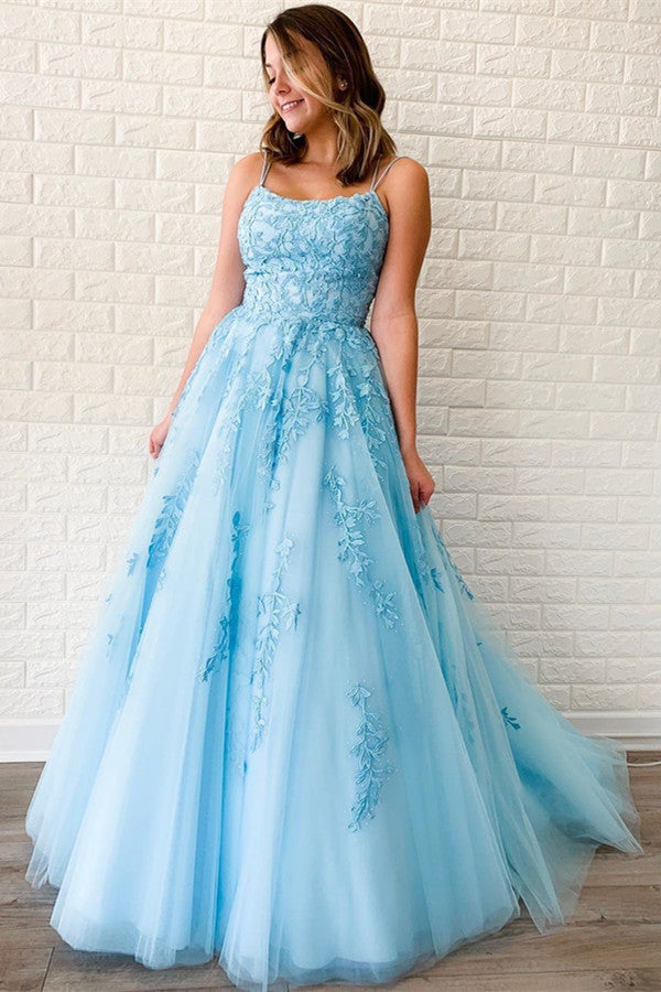 Classy Sky Blue Spaghetti Strap Long Prom Dress with Tulle and Appliques