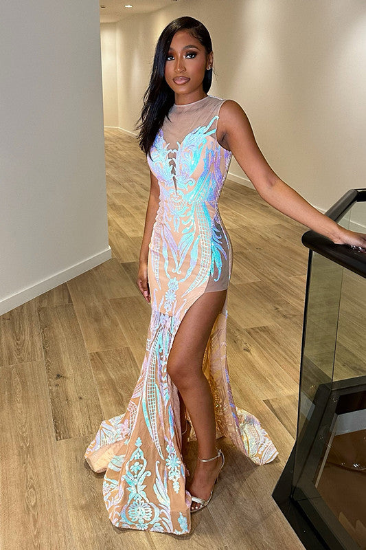 Crew Neck Mermaid Long Prom Dress with Split