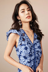 Babyonlines Cute Blue V-neck Sleeveless Short Floral Dresses