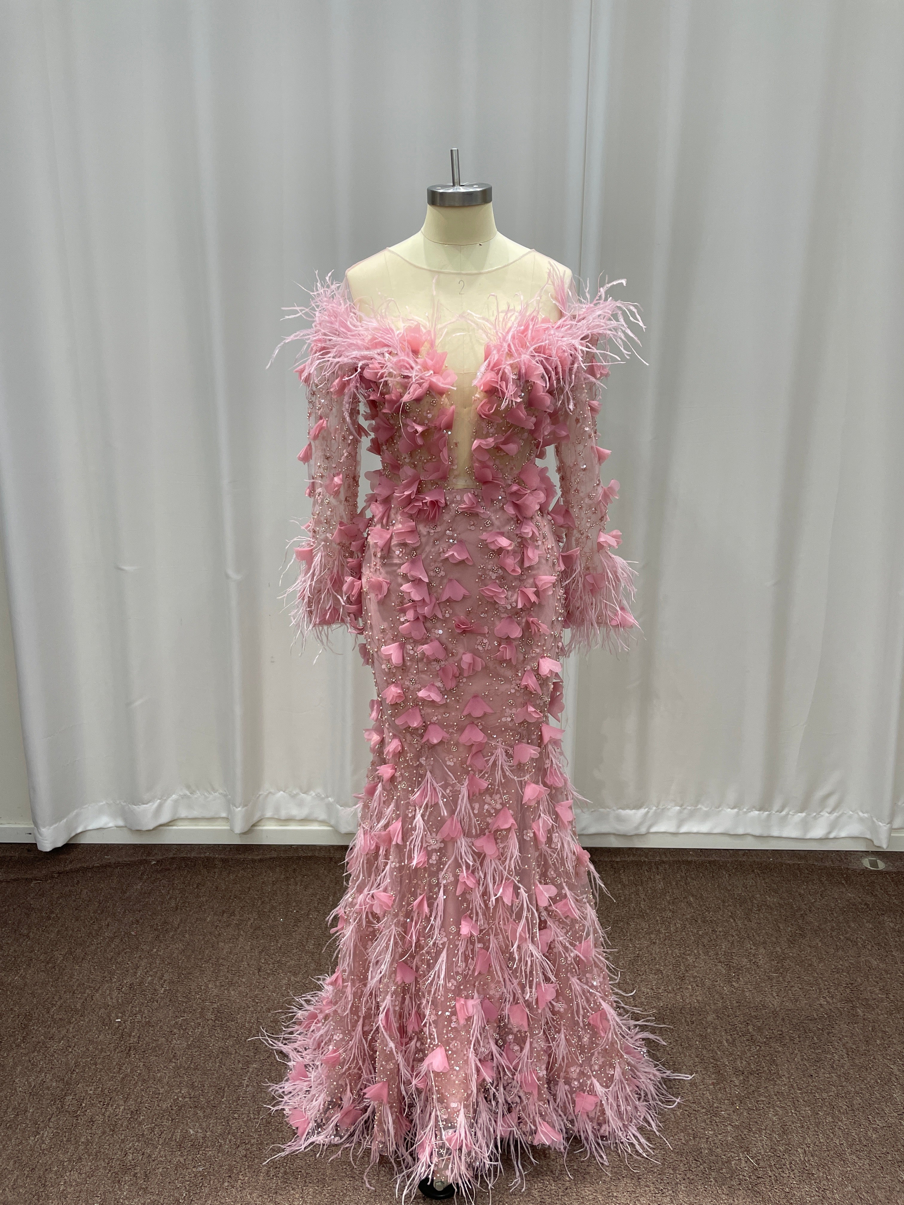 Pink Long Sleeves Mermaid Evening Formal Dresses with Feather