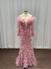 Pink Long Sleeves Mermaid Evening Formal Dresses with Feather