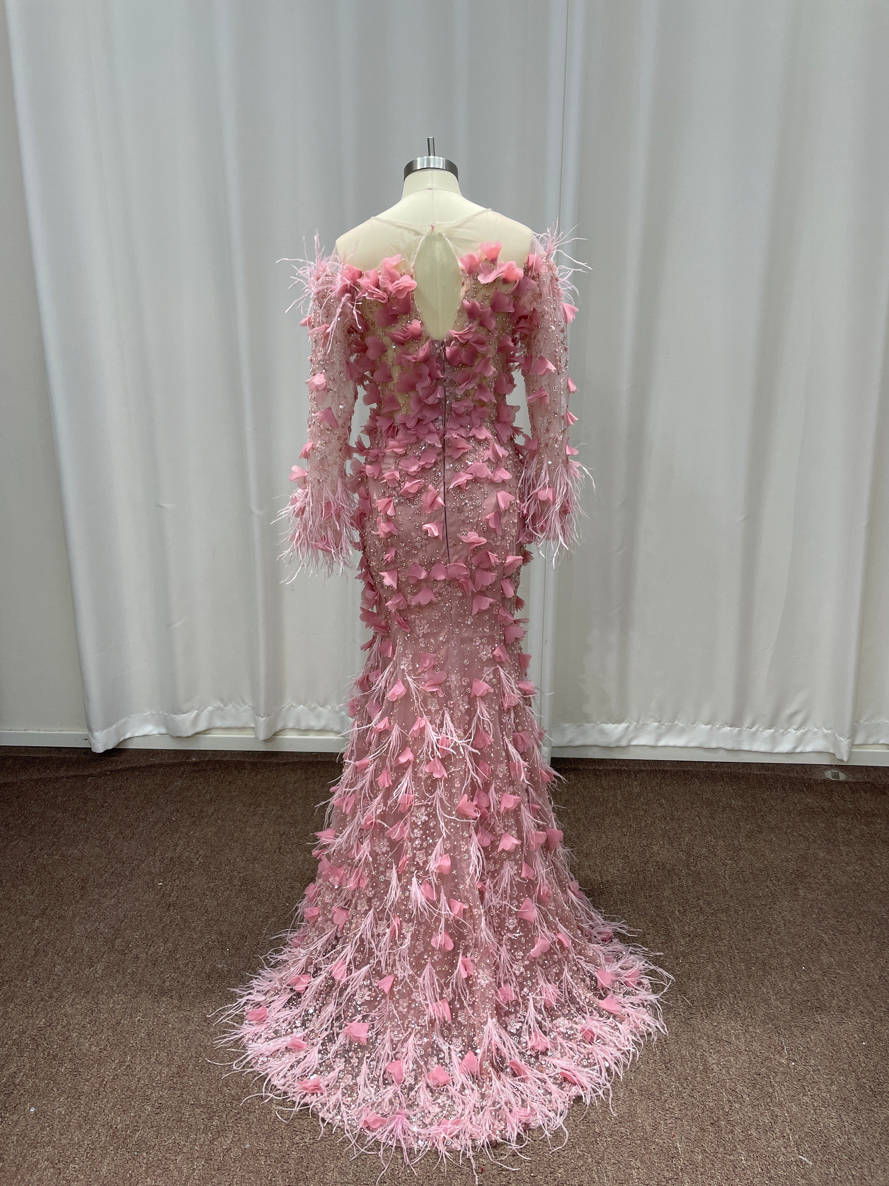 Pink Long Sleeves Mermaid Evening Formal Dresses with Feather
