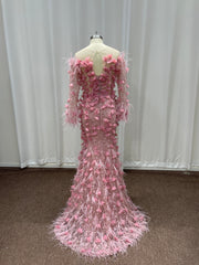 Pink Long Sleeves Mermaid Evening Formal Dresses with Feather