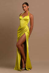 Daffodil Halter Ball Gown Long Prom Dress with Pleated Split