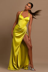 Daffodil Halter Ball Gown Long Prom Dress with Pleated Split